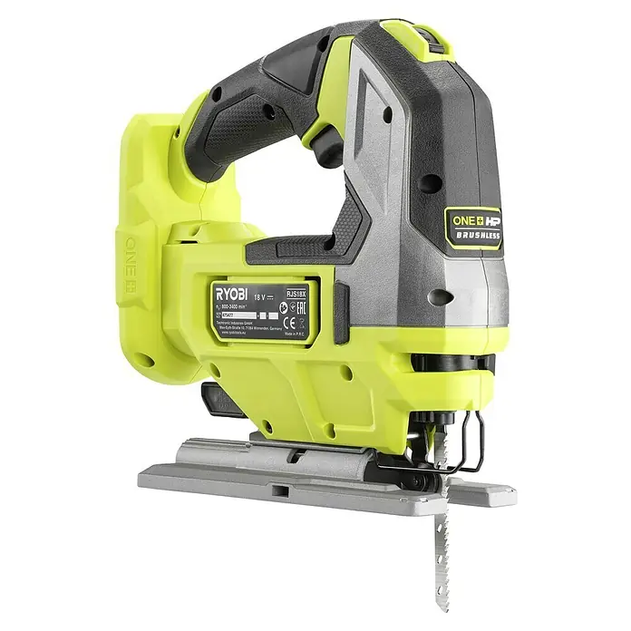 Ryobi ONE+HP Akku-Stichsäge RJS18X-0 Performance - 18 V, Ohne Akku, Leerlaufhubzahl: 800 /min - 3.400 /min - Akkustichsäge Ryobi ONE+ HP Brushless RJS18X mit grün-grauem Gehäuse, schwarzem Griff und silberner Basis mit eingesetztem Sägeblatt.