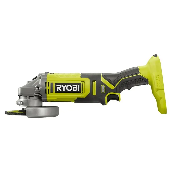 Ryobi ONE+ Akku-Winkelschleifer RAG18125-0 - Ohne Akku, Durchmesser Scheibe: 125 mm - Das Bild zeigt einen Ryobi ONE+ Akku-Winkelschleifer mit einem grünen und schwarzen Gehäuse vor schwarzem Hintergrund.