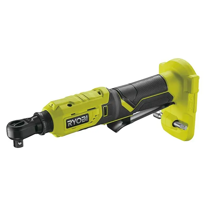 Ryobi ONE+ Akku-Ratschenschrauber R18RW2-0 - 18 V, Ohne Akku, ¼″ - Abbildung eines Ryobi Akku-Ratschenschraubers in Gelb und Schwarz. Er ist ein kompaktes Werkzeug zum mühelosen Festziehen von Schrauben.