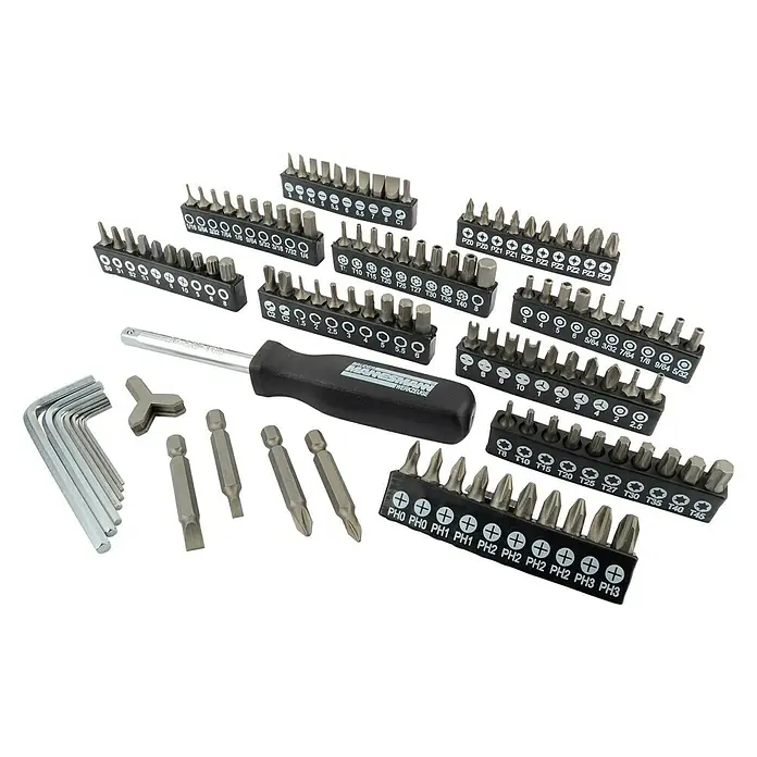 Brüder Mannesmann Steckschlüssel-Set Green Line - 130 -tlg. - Ein umfassendes Set von Schraubendreher-Bits und Werkzeugen, ideal für verschiedene Reparatur- und Montagearbeiten.