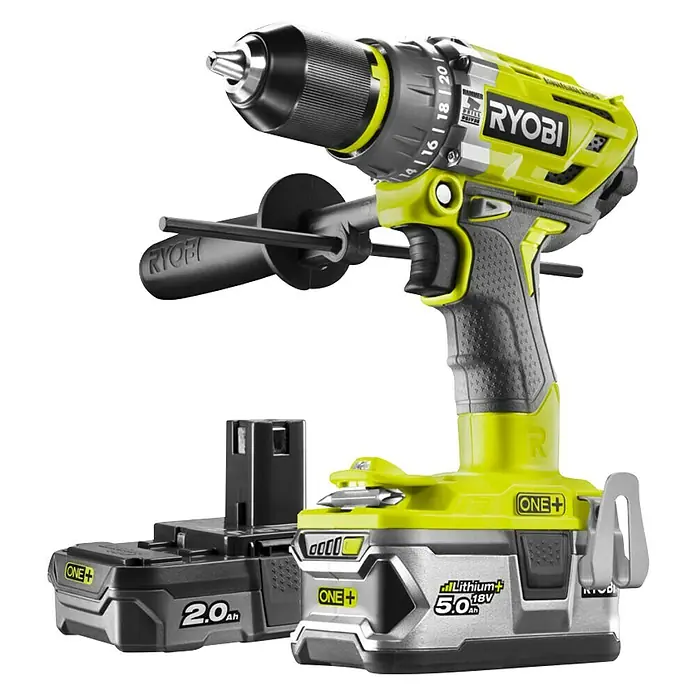 Ryobi ONE+ Akku-Schlagbohrschrauber R18PD7-252S - 18 V, 2 Akkus, 5 Ah, 85 Nm - Ein Ryobi ONE+ Akku-Schlagbohrschrauber mit 2.0Ah und 5.0Ah Akkus, ideal für verschiedenste Bohr- und Schraubarbeiten.