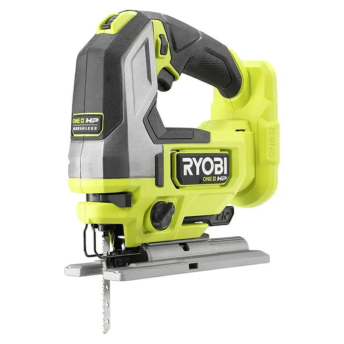 Ryobi ONE+HP Akku-Stichsäge RJS18X-0 Performance - 18 V, Ohne Akku, Leerlaufhubzahl: 800 /min - 3.400 /min - Das Bild zeigt eine Akku-Stichsäge von Ryobi ONE+ HP Brushless, ideal für präzise Schnitte in verschiedenen Materialien.