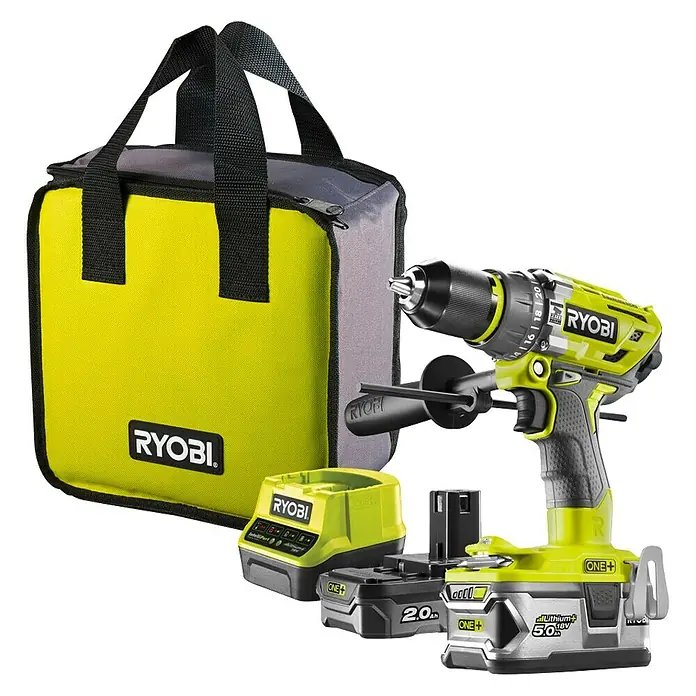 Ryobi ONE+ Akku-Schlagbohrschrauber R18PD7-252S - 18 V, 2 Akkus, 5 Ah, 85 Nm - Akkuschrauber-Set von Ryobi mit Tasche, Akku und Ladegerät. Ideal für Heimwerkerprojekte und professionelle Anwendungen.