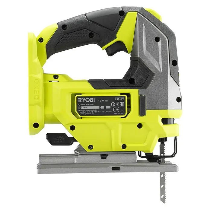 Ryobi ONE+HP Akku-Stichsäge RJS18X-0 Performance - 18 V, Ohne Akku, Leerlaufhubzahl: 800 /min - 3.400 /min - Abbildung einer Ryobi RJS18X Stichsäge in Gelb und Grau. Ideal für präzise Schnitte in Holz und anderen Materialien.