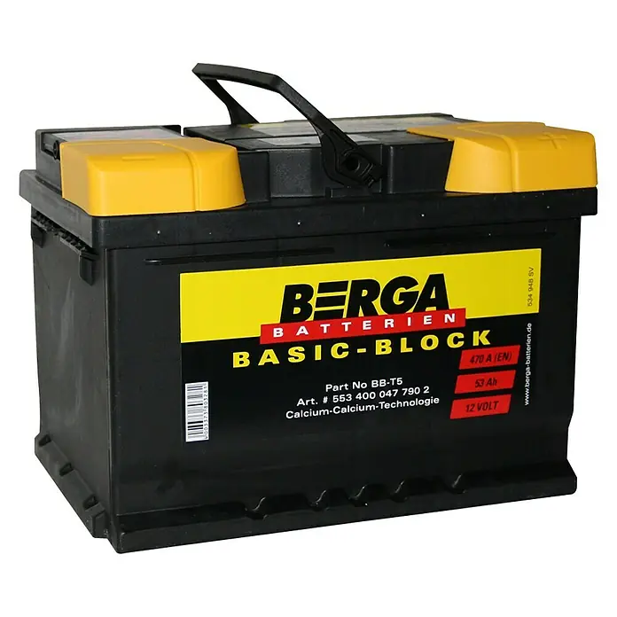 Berga Autobatterie Basic Block - 12 V, 53 Ah - Produktbild einer Berga Basic-Block Autobatterie mit gelbem Deckel und schwarzem Gehäuse.