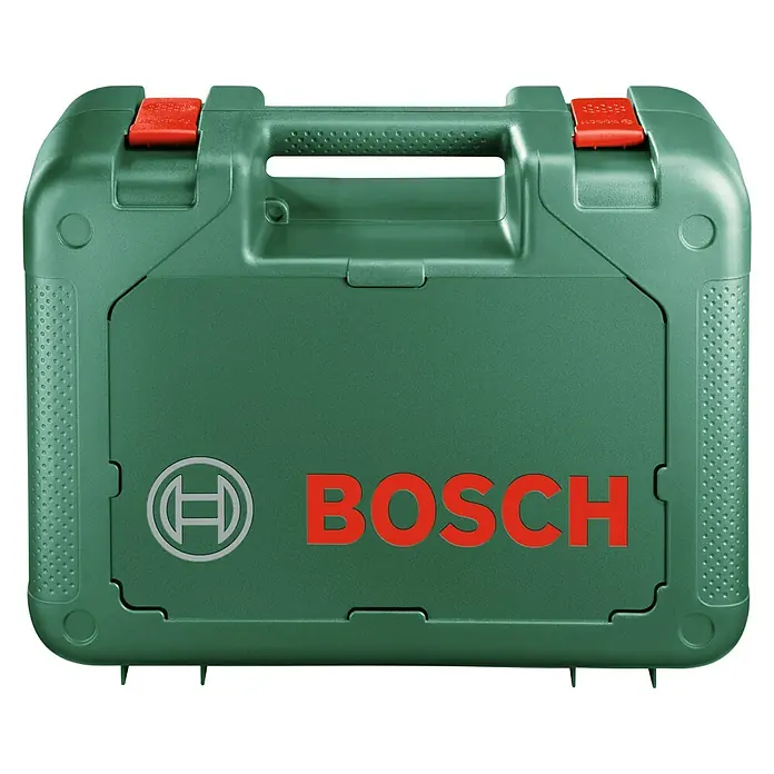 Bosch Elektro-Exzenterschleifer PEX 300 AE - 270 W, Durchmesser Schleifteller: 125 mm - Grüne Bosch Werkzeugkiste mit rotem Verschluss und dem Bosch Logo. Praktisch für die Aufbewahrung von Werkzeugen und Zubehör.