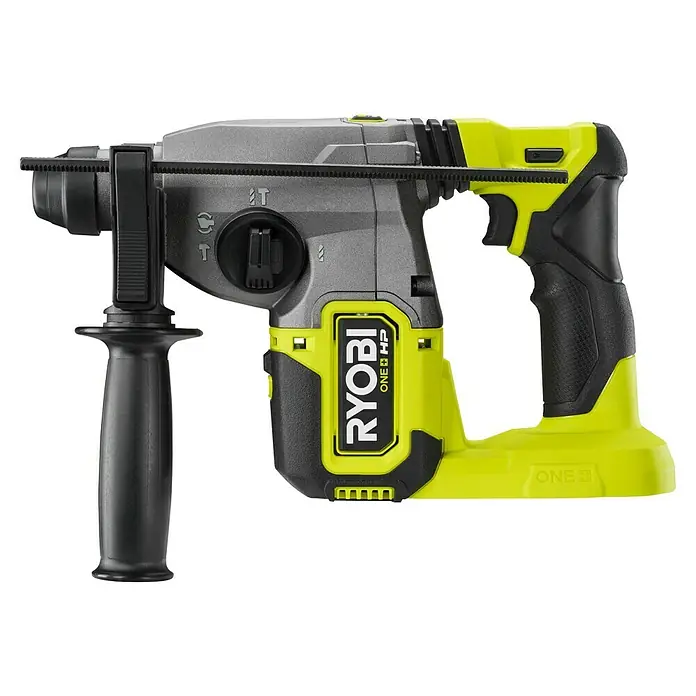 Ryobi ONE+HP Martillo combinado de batería RSDS18X - 18 V, Sin batería, Máx. Energía de percusión: 2,5 J - Un primer plano del taladro percutor inalámbrico Ryobi ONE+ HP, conocido por su potencia y versatilidad en diversas aplicaciones de perforación.