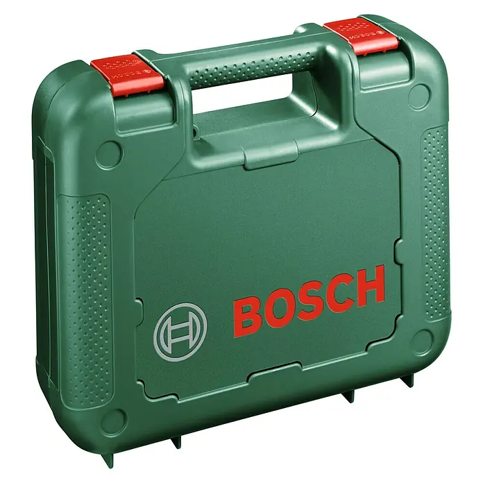 Bosch Akkuschrauber PSR Select - 3,6 V, 1 Akku, 1,5 Ah - Bosch Werkzeugkoffer: Robuster grüner Werkzeugkoffer mit roten Verschlüssen und dem Bosch-Logo, ideal für Handwerker und Heimwerker.
