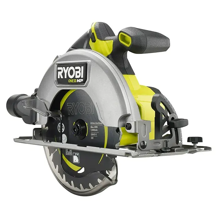 Ryobi ONE+HP Akku-Handkreissäge RCS18X-0 Performance - 18 V, Ohne Akku, 4.500 U/min - Nahaufnahme einer RYOBI ONE+ HP Akku-Kreissäge, die Leistung und Präzision für verschiedene Holzarbeiten bietet.