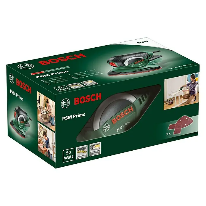 Bosch Elektro-Multischleifer PSM Primo - 50 W, Leerlaufschwingzahl: 24.000 U/min, Durchmesser Schwingkreis: 1,4 mm - Abbildung des Bosch PSM Primo Schleifers in seiner Verpackung. Der PSM Primo ist ein kompakter und vielseitiger Schleifer.
