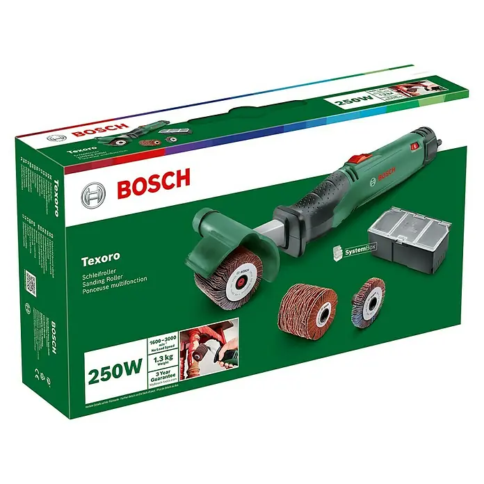 Bosch Schleifroller Texoro - 250 W - Bild einer Texoro Schleifrolle von Bosch, einem vielseitigen Werkzeug zum Schleifen und Polieren verschiedener Oberflächen.