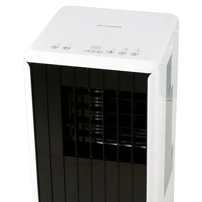 Voltomat Aire acondicionado portátil WiFi Khione - 2.600 W, Tamaño de la estancia: 26 m², Negro - Primer plano de un enfriador de aire Profi Klima blanco con rejilla negra y panel de control en la parte superior.