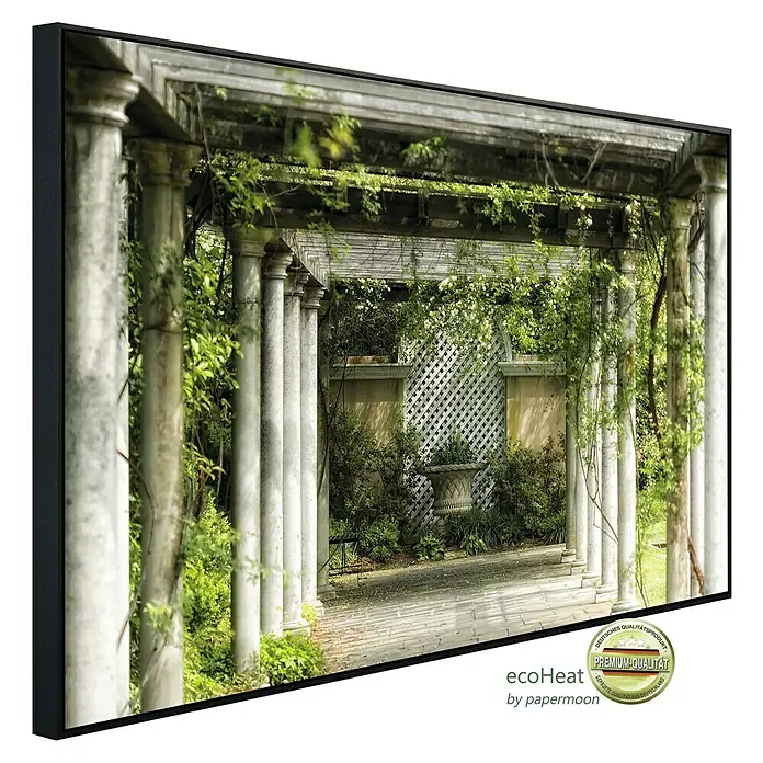 Papermoon Infrarot-Bildheizkörper Gehweg im Garten - 60 cm x 500 mm, 350 W - Das EcoHeat by Papermoon Bild zeigt einen mit Grünzeug bewachsenen Säulengang. Premium-Qualität für Ihr Zuhause, ein echter Hingucker!