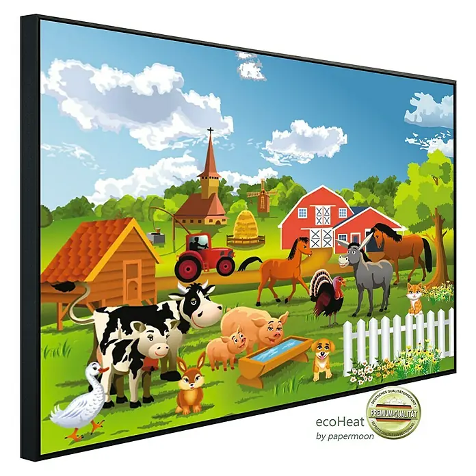 Papermoon Infrarot-Bildheizkörper Bauernhof - 100 x 60 cm, 600 W - Illustration eines Bauernhofs mit Tieren, Traktor und Windmühle, gerahmt als Wanddekoration.