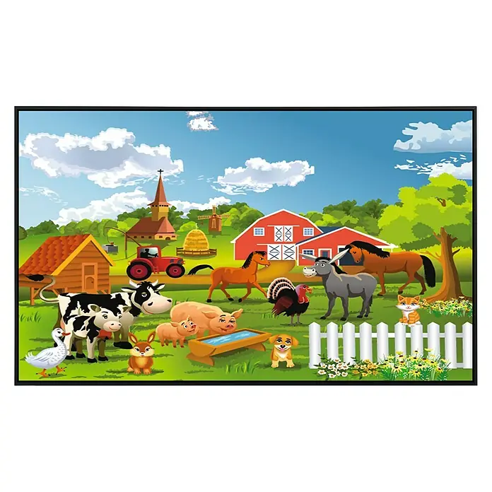 Papermoon Infrarot-Bildheizkörper Bauernhof - 100 x 60 cm, 600 W - Bauernhoftapete mit Tieren, Scheune, Traktor, Kirche und Windmühle für Kinderzimmer.