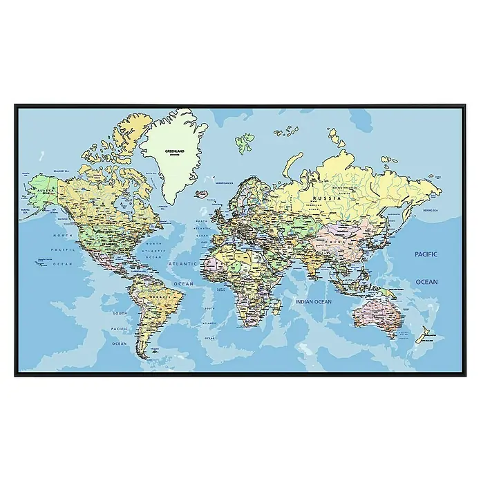Papermoon Infrarot-Bildheizkörper Weltkarte - 100 cm x 600 mm, 800 W - Weltkarte mit Kontinenten und Ozeanen zur geografischen Orientierung. Ideal für Bildung und Reisen.