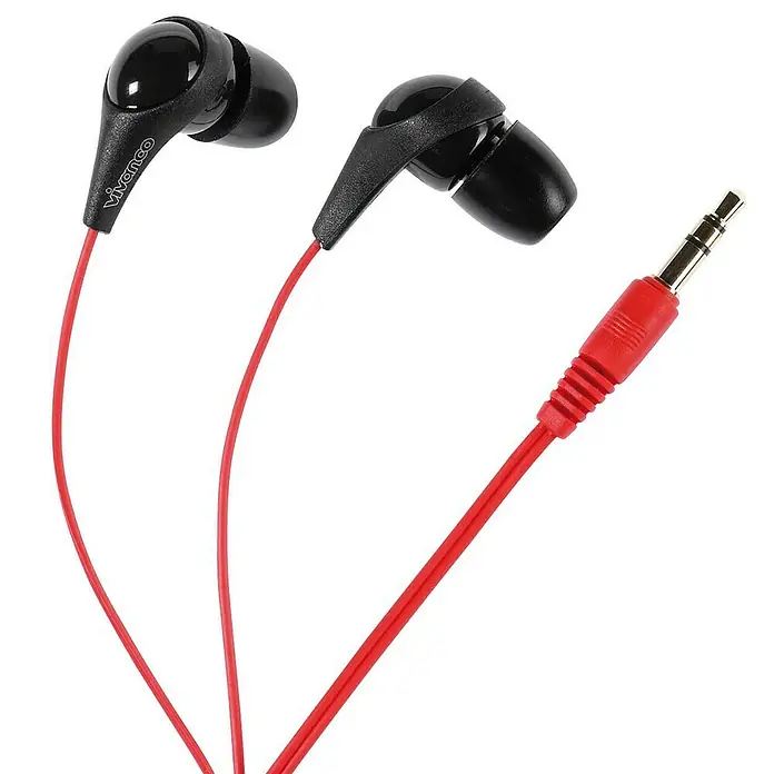 Vivanco Auriculares - Multicolor - Imagen de un auricular in-ear Vivanco rojo con auricular y cable negros, colocado sobre una superficie blanca.