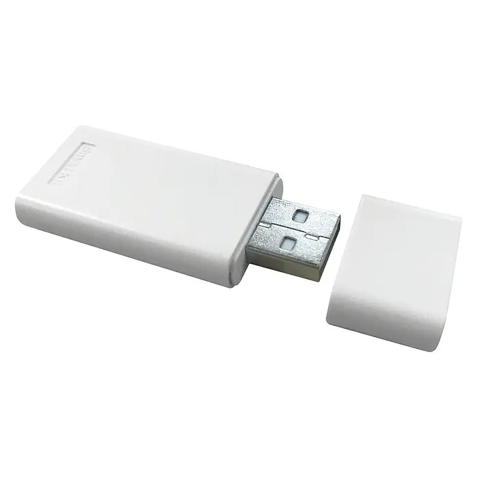 HTW Módulo USB WiFi Pure Light - Controlado por aplicación, Blanco - Memoria USB blanca con la tapa quitada, sobre un fondo negro. Ideal para la transferencia y el almacenamiento de datos.