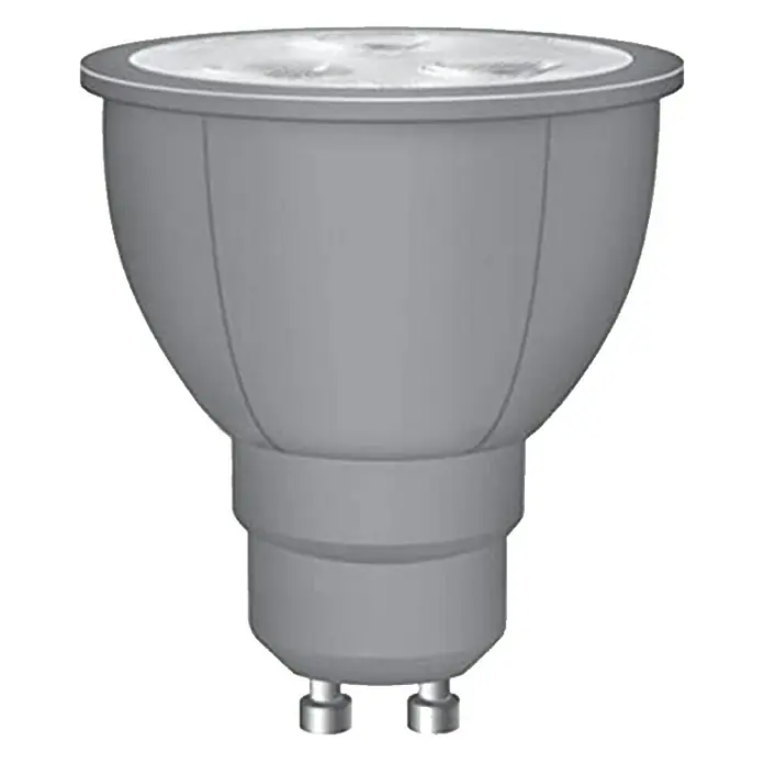 Neolux Bombilla LED PAR16 - GU10, Blanco cálido, 5,5 W - Primer plano de una bombilla LED GU10 gris, una opción de iluminación energéticamente eficiente para luminarias modernas.