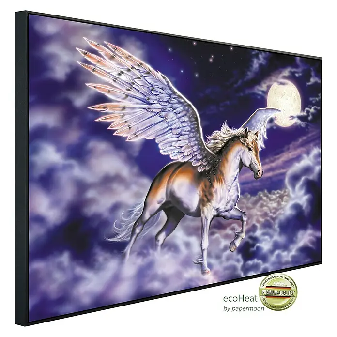 Papermoon Infrarot-Bildheizkörper Pegasus - 60 x 50 cm, 350 W - Abbildung eines Pegasus-Wandbildes, gerahmt, das in einer fantastischen Umgebung vor dem Hintergrund eines Mondes und von Sternen abgebildet ist.