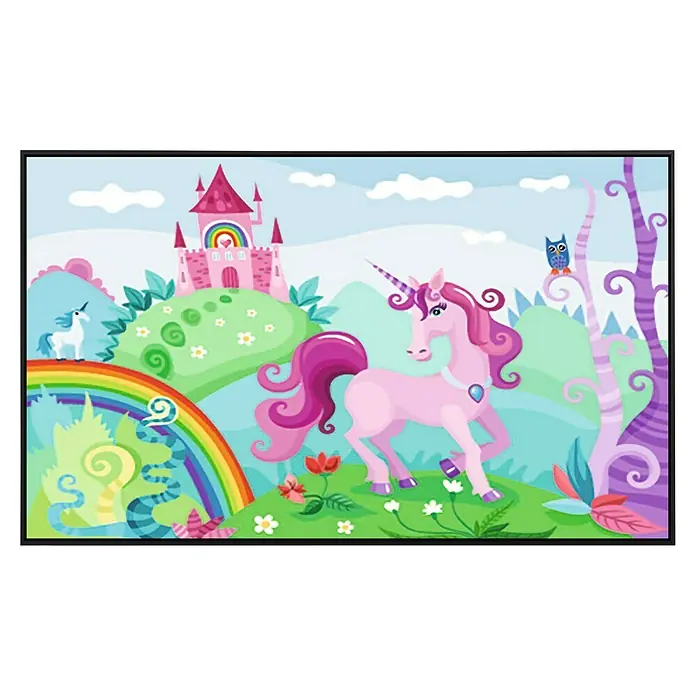 Papermoon Infrarot-Bildheizkörper Kinder Lila Einhorn - 90 cm x 500 mm, 450 W, Design Infrarotheizkörper: Fantasie - Cartoon-Illustration eines rosafarbenen Einhorns in einer Fantasielandschaft mit Burg, Regenbogen und Bäumen für Kinderbücher.