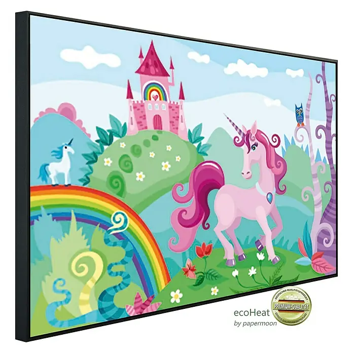 Papermoon Infrarot-Bildheizkörper Kinder Lila Einhorn - 90 cm x 500 mm, 450 W, Design Infrarotheizkörper: Fantasie - Das farbenfrohe Leinwandbild mit Einhorn-Motiv bringt einen Hauch von Magie in jedes Kinderzimmer. Ein echter Hingucker!