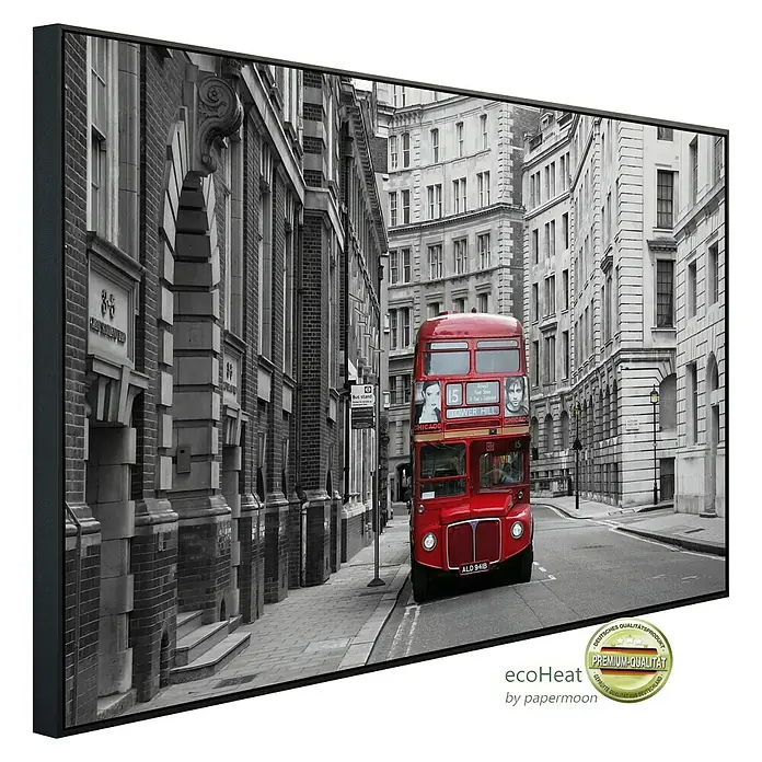 Papermoon Infrarot-Bildheizkörper London - 60 x 50 cm, 350 W - Schwarz-Weiß-Foto eines Londoner Doppeldeckers im Querformat mit schwarzem Rahmen für Wanddekorationen.