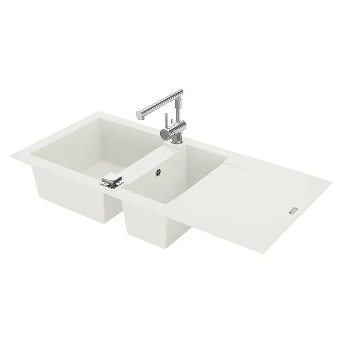 Carea Einbauspüle Dukkah - 105 x 50 cm, Weiß, Material Spüle: CAREAgranit® - Weiße Doppelspüle mit Abtropffläche und modernem Wasserhahn, ideal für jede Küche. Das robuste Design sorgt für langlebige Funktionalität.