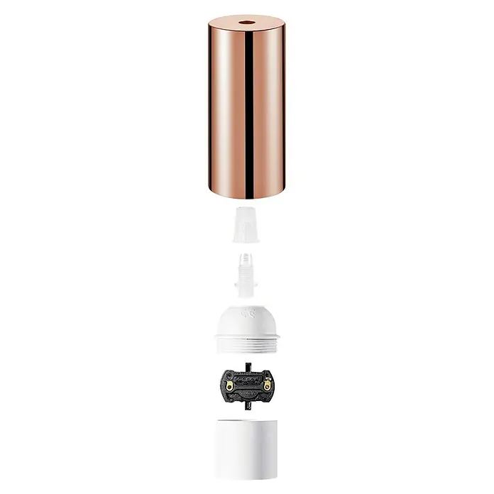Home Sweet Home Lampenfassung - E27, Kupfer, Ø x H: 5 x 11 cm - Explosionsdarstellung einer Lampenfassung mit einer roségoldenen Metallabdeckung und einem weißen Sockel mit inneren Komponenten.