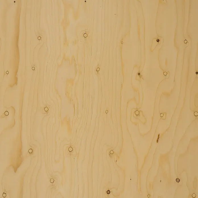 Tablero contrachapado Laudio - 250 cm x 122 cm x 21 mm - Primer plano de madera contrachapada clara que muestra nudos y vetas, ideal para texturas y fondos.