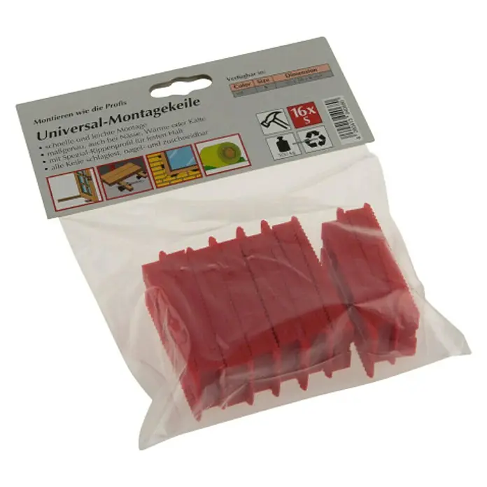 Verlegekeile - L x B x H: 65 x 28 x 8 mm - Bild einer Packung Universal-Montagekeile.