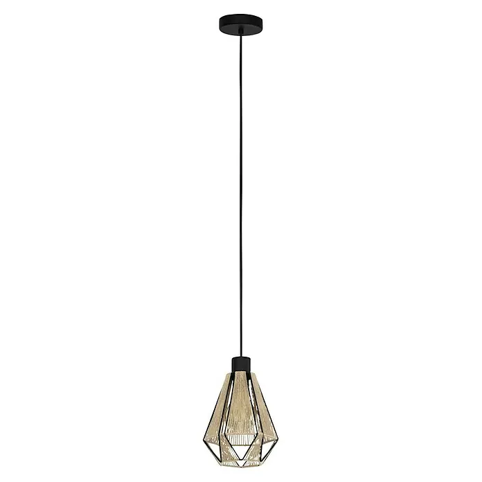 Eglo Pendelleuchte ADWICKLE - 40 W, L x B x H: 17 x 14,5 x 11 cm, Schwarz, E27, 1 Stk. - Eine Pendelleuchte mit einem schwarzen Stab und einem geometrischen Lampenschirm aus beigem Faden, der ein warmes Licht ausstrahlt.