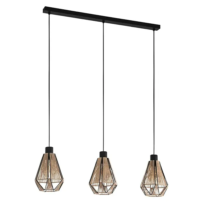 Eglo Pendelleuchte ADWICKLE - 40 W, L x B x H: 87 x 14,5 x 11 cm, Schwarz, E27, 3 Stk. - Eine moderne Hängelampe mit drei geometrischen Lampenschirmen in Naturtönen, ideal für stilvolle Innenräume.