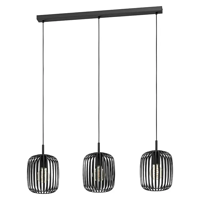 Eglo Romazzina Pendelleuchte - 40 W, L x B x H: 90 x 20 x 11 cm, Schwarz, E27 - Moderne schwarze Hängelampe mit drei Schirmen, die ein warmes, einladendes Licht spendet und jedem Raum einen Hauch von Eleganz verleiht.