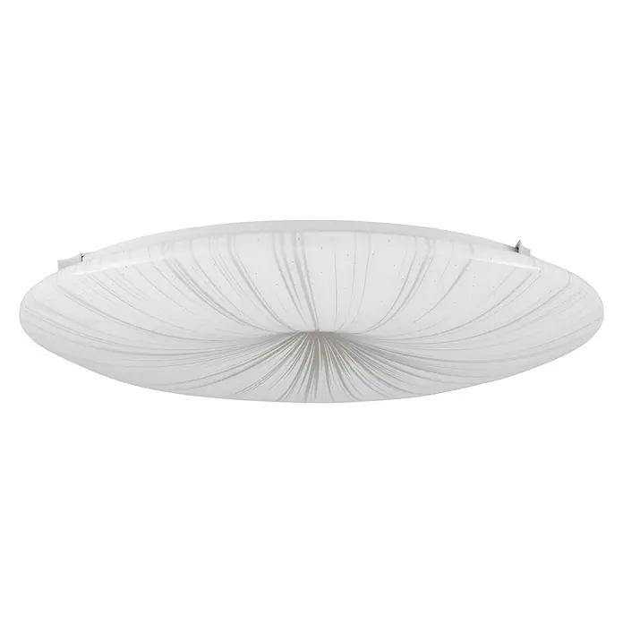 Eglo LED-Deckenleuchte rund NIEVES 1 - 19,5 W, Ø x H: 41 x 6,5 cm, Weiß/Gold, Warmweiß - Nahaufnahme einer modernen, runden Deckenleuchte mit weißem Schirm und gestreiftem Muster.