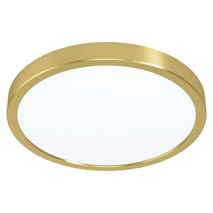 Eglo LED-Deckenleuchte rund FUEVA 5 - 20,5 W, Ø x H: 285 mm x 2,8 cm, Gold, Warmweiß - Deckenleuchte mit einem goldfarbenen Rahmen und einem runden, weißen Lampenschirm. Sie ist für die Deckenmontage geeignet.