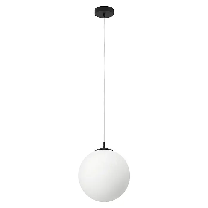 Eglo Pendelleuchte RONDO 3 - 40 W, Schwarz, E27 - Elegante Pendelleuchte mit schwarzem Stab und kugelförmigem Lampenschirm aus weißem Glas, die ein sanftes und diffuses Licht spendet.