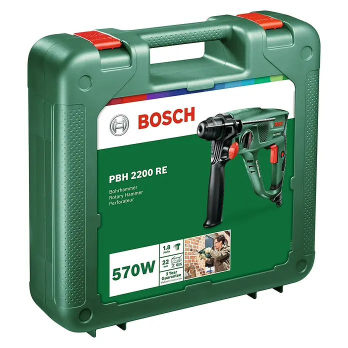 Bosch Kombihammer PBH 2200 RE - 570 W, 1,8 J, SDS-Plus-Aufnahme - Abbildung eines Bosch PBH 2200 RE Bohrhammers im grünen Koffer mit rotem Verschluss.