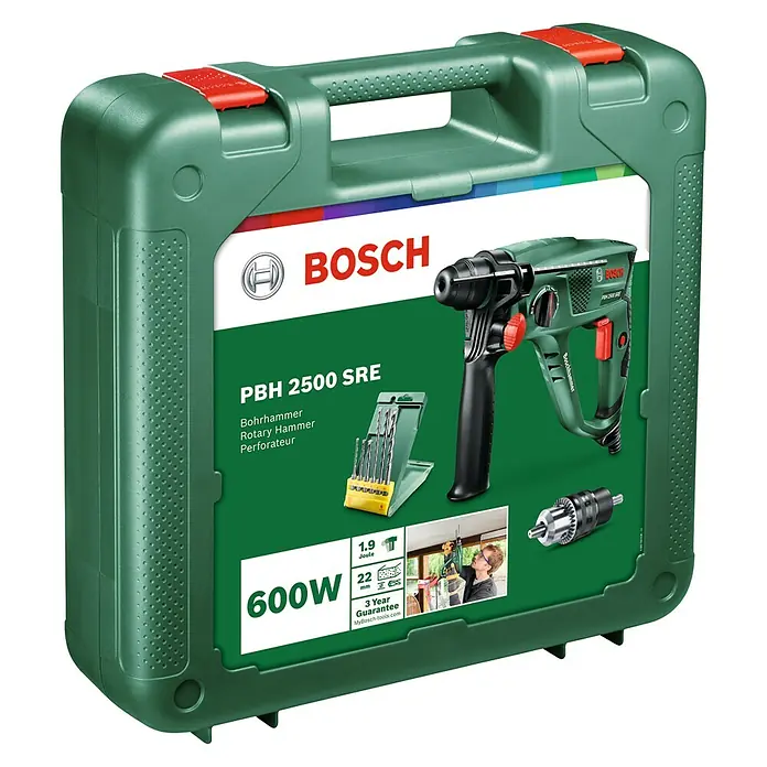 Bosch Bohrhammer PBH 2500 SRE - 600 W, 1,9 J, SDS-Plus-Aufnahme - Bosch PBH 2500 SRE Bohrhammer im grünen Werkzeugkoffer mit Zubehör, ideal für Heimwerker und Profis.