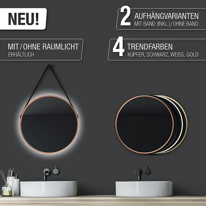 DSK Lichtspiegel Silver Barbier - Durchmesser: 50 cm, Kupfer, Leuchtmittel - Das Bild zeigt runde Spiegel in verschiedenen Ausführungen: mit/ohne Licht und in 4 Trendfarben (Kupfer, Schwarz, Weiss, Gold).