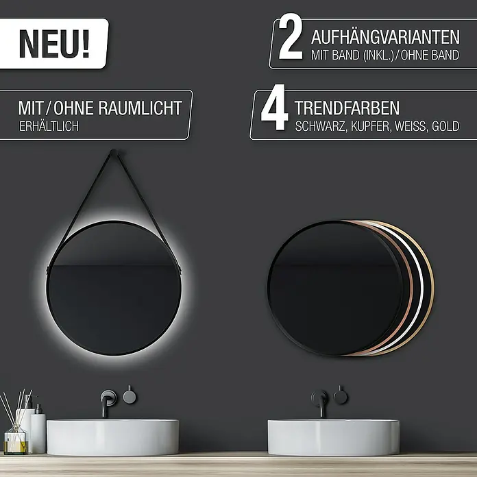 DSK Wandspiegel Silver Coiffeur - Durchmesser: 50 cm, Schwarz - Zwei runde Spiegel mit unterschiedlichen Designs: Einer mit Umgebungslicht und Aufhängung, der andere mit Farbdetails.