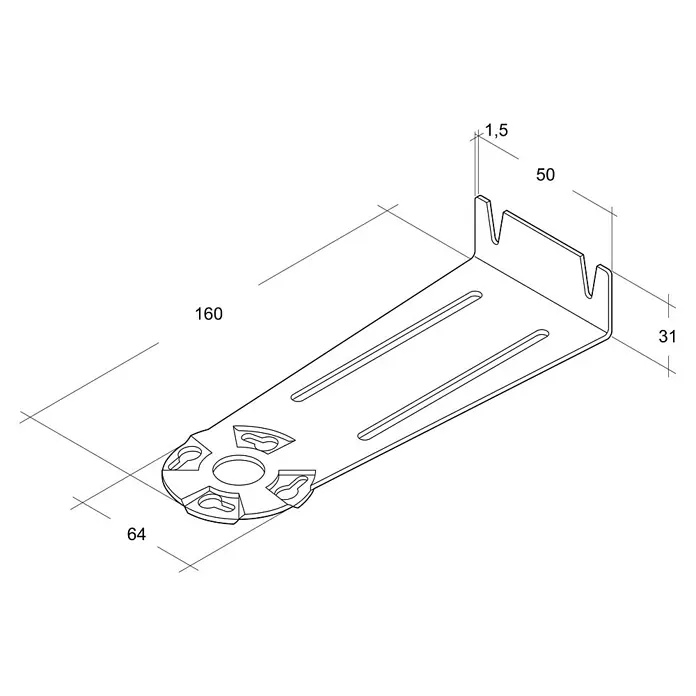 Air-Circle Konsole - Passend für: Rohrradialventilator 100 - 125, 2 Stk. - Technische Zeichnung einer Gerätehalterung mit Maßangaben für eine detaillierte Produktansicht.