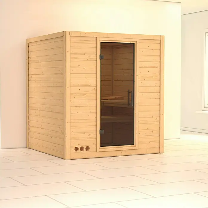 Karibu Elementsauna Mojave - Ohne Ofen, Ohne Dachkranz, Materialspezifizierung Tür: Ganzglas Graphit, L x B x H: 196 x 196 x 192 cm - Eine geräumige Holzsauna mit Glastür, die eine entspannende Wellness-Atmosphäre verspricht. Ideal für private Spa-Momente im eigenen Zuhause.