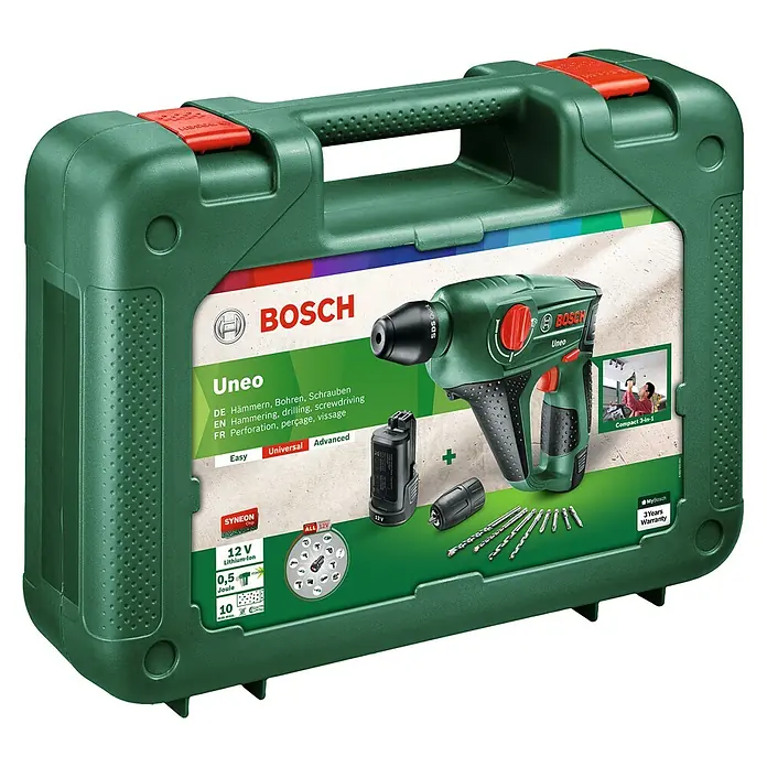Bosch Power for All 12V Akku-Bohrhammer Uneo - 12 V, 1 Akku, 2 Ah, 0,5 J - Das Bild zeigt einen grünen Bosch Uneo Akku-Bohrhammer mit Zubehör in einem passenden Werkzeugkoffer.