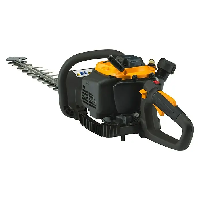 Stiga Benzin-Heckenschere HT 525 - 0,65 kW, Schnittlänge: 46 cm, Max. Aststärke: 27 mm - Aufsicht eines Gold- und Schwarzfarbigen Trimmers mit befestigten Klingen.