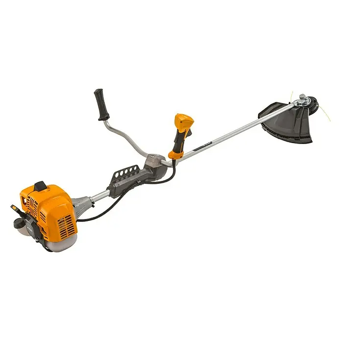 Stiga Benzin-Motorsense BC 555 B - 1.550 W, Schnittbreite Faden: 45 cm, Schnittbreite Messer: 25,5 cm - Freischneider mit gelb-schwarzem Motor, Griffen und Schutzvorrichtung mit Trimmerfäden für den Rasen- und Gartenpflege.