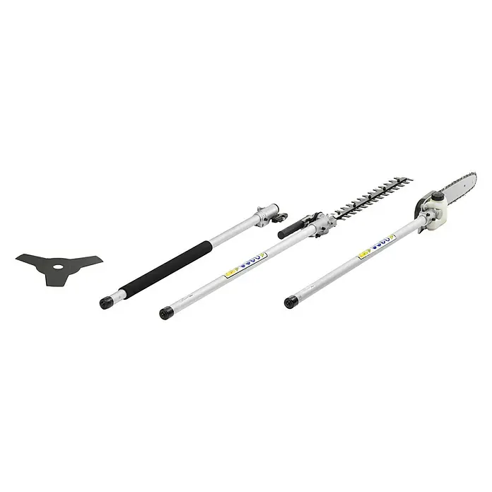 Stiga Benzin-Multitool MT 330 - 0,7 kW, 25,4 cm³ - Abbildung eines vielseitigen Gartenwerkzeugsets mit verschiedenen Aufsätzen für Trimmer und Heckenscheren.