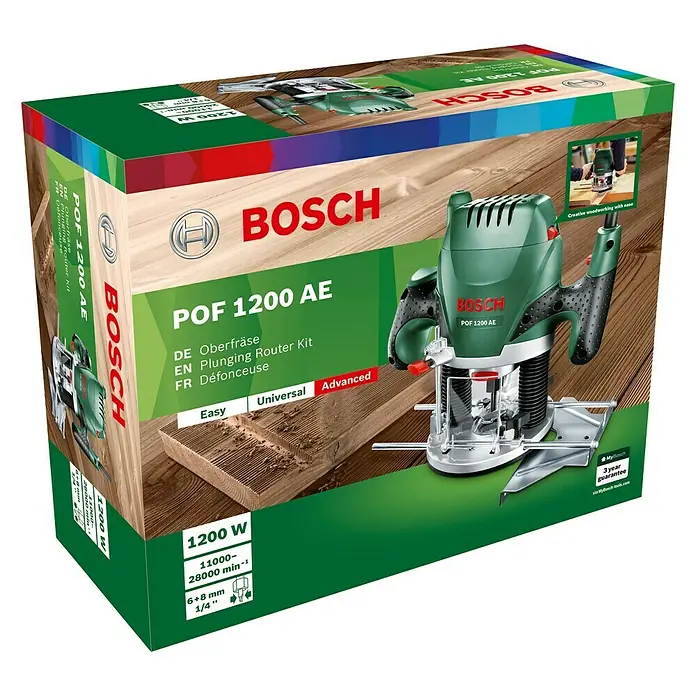 Bosch Oberfräse POF 1200 AE - 1.200 W, 55 mm - Bild der Verpackung der Bosch POF 1200 AE Oberfräse.