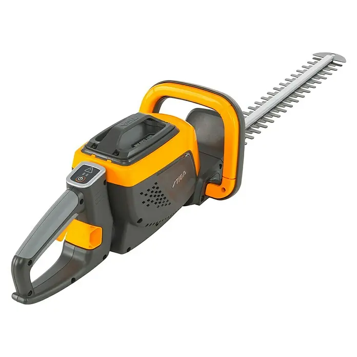 Stiga 500er Serie Akku-Heckenschere HT 500e Set - 48 V, Li-Ionen, 1 Akku, Schnittlänge: 58 cm - Akkubetriebene Heckenschere STIGA mit gelb-grauem Design für präzises Trimmen und komfortable Gartenarbeit.