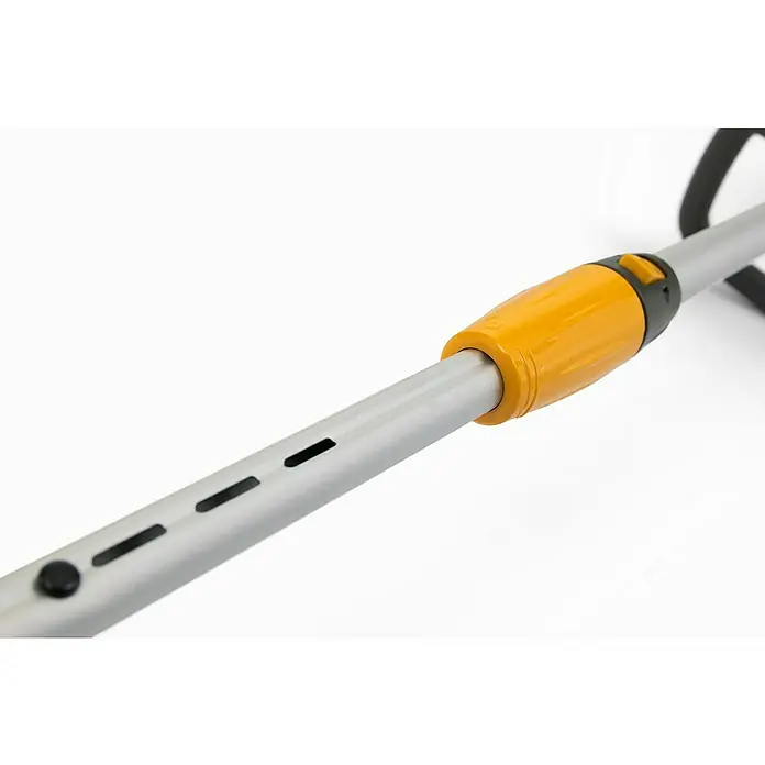 Stiga 500er Serie Akku-Rasentrimmer GT 500e - Set - 48 V, 2 Ah, Li-Ionen, 1 Akku, Schnittbreite Faden: 30 cm - Nahaufnahme eines verstellbaren Stiels mit gelbem Griff und schwarzen Löchern zur Längenanpassung. Ideal für Gartenwerkzeuge.